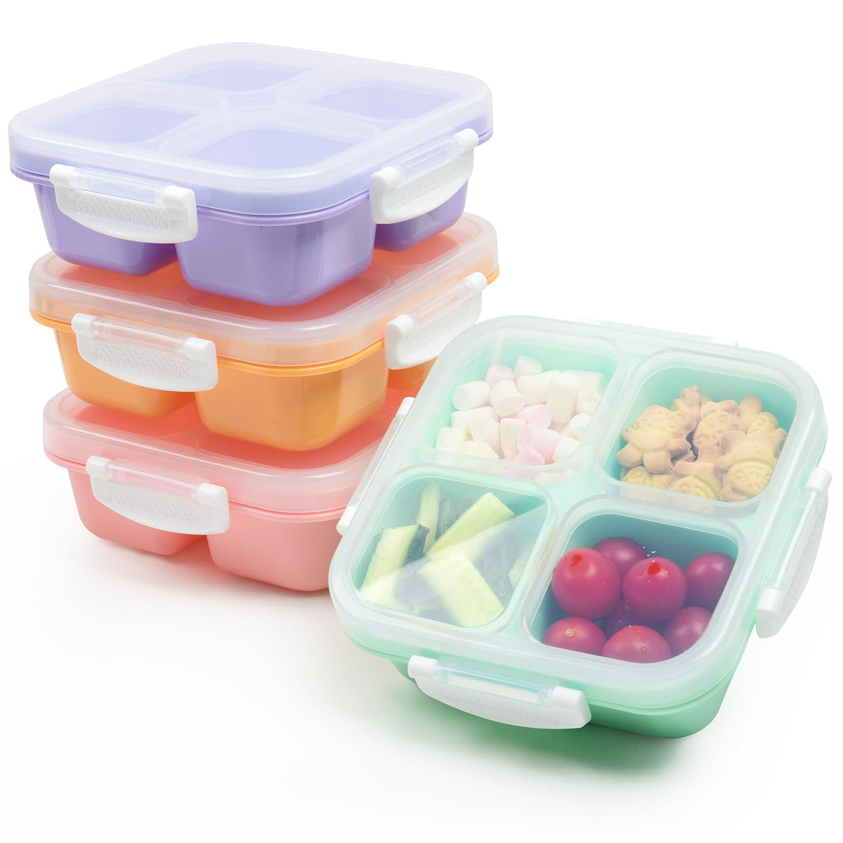 EONJOE Snackle Box four compartments keeps snacks organized for travel.