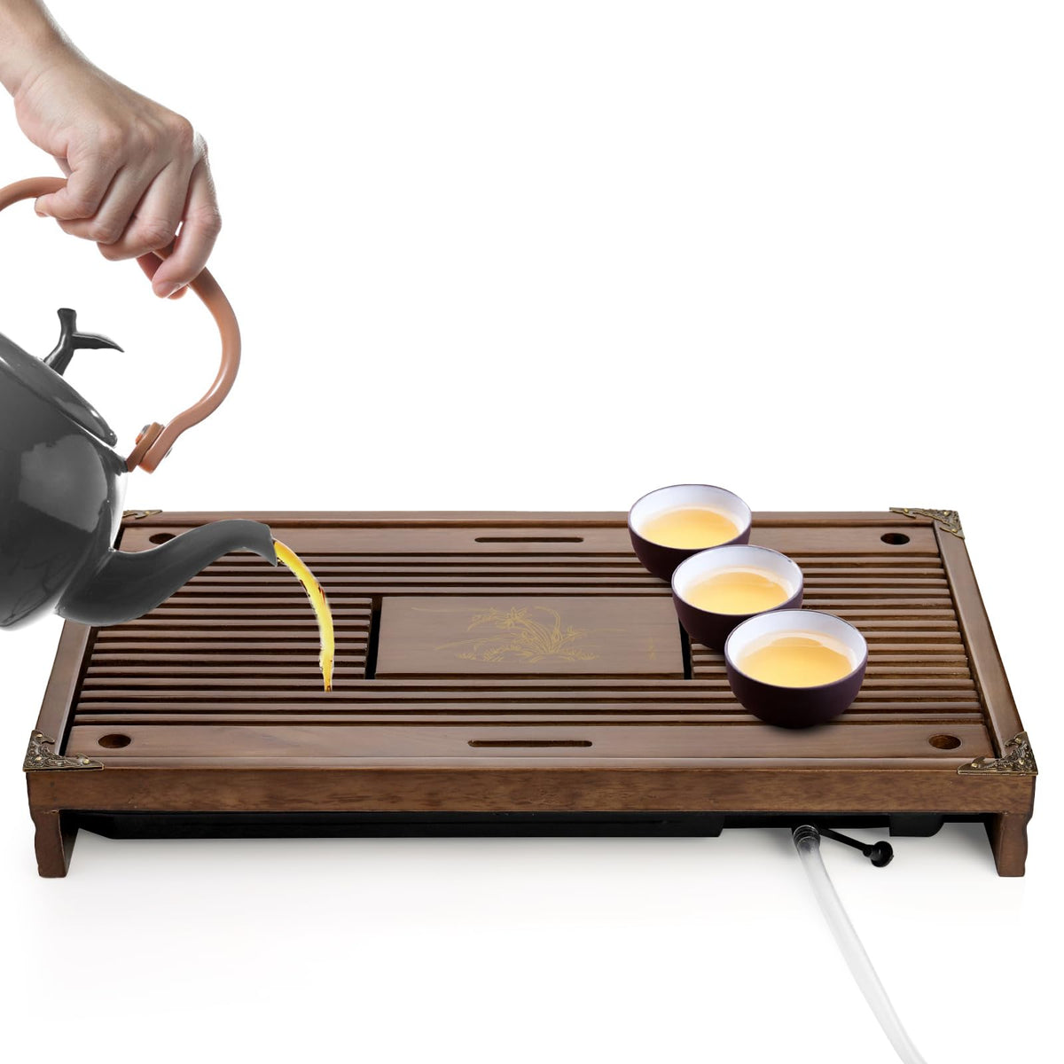 Eorbow tea tray removable drawer open shows drainage setup