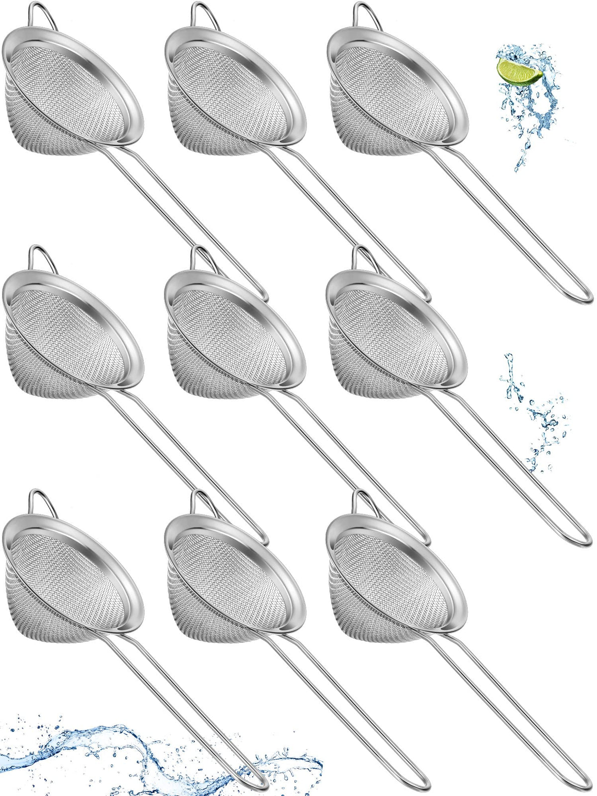 Epakh 9-pack stainless steel cone strainer for precise filtration in juice and cocktails.
