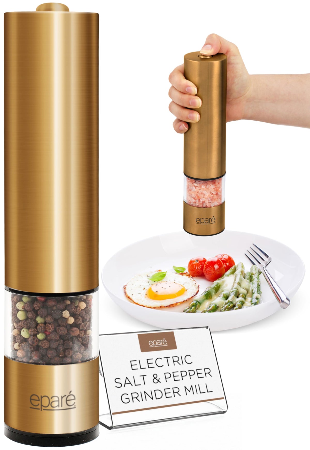 Eparé brass salt mill with battery-powered operation and LED light in use