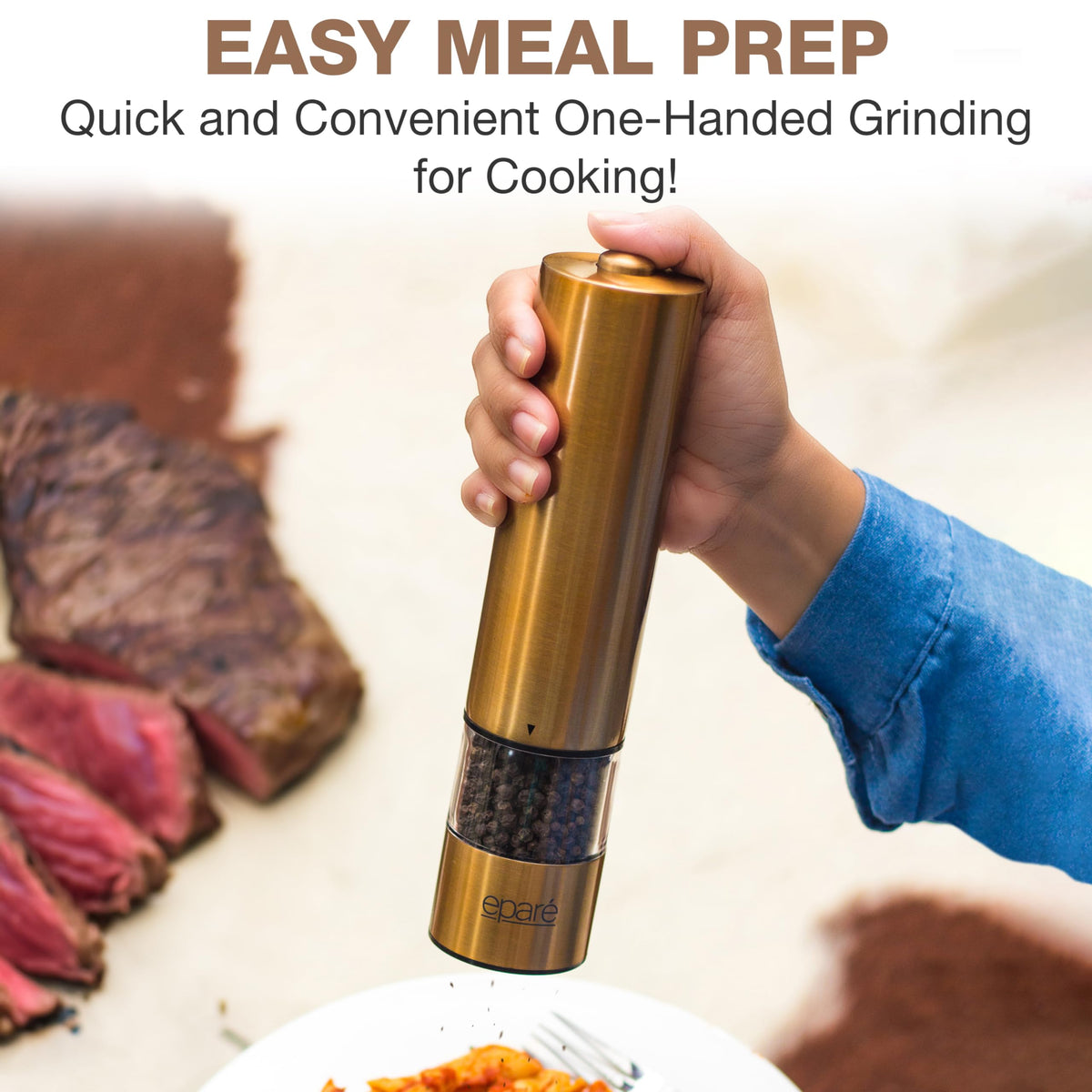 Eparé brass mill shows see-through container to monitor seasonings
