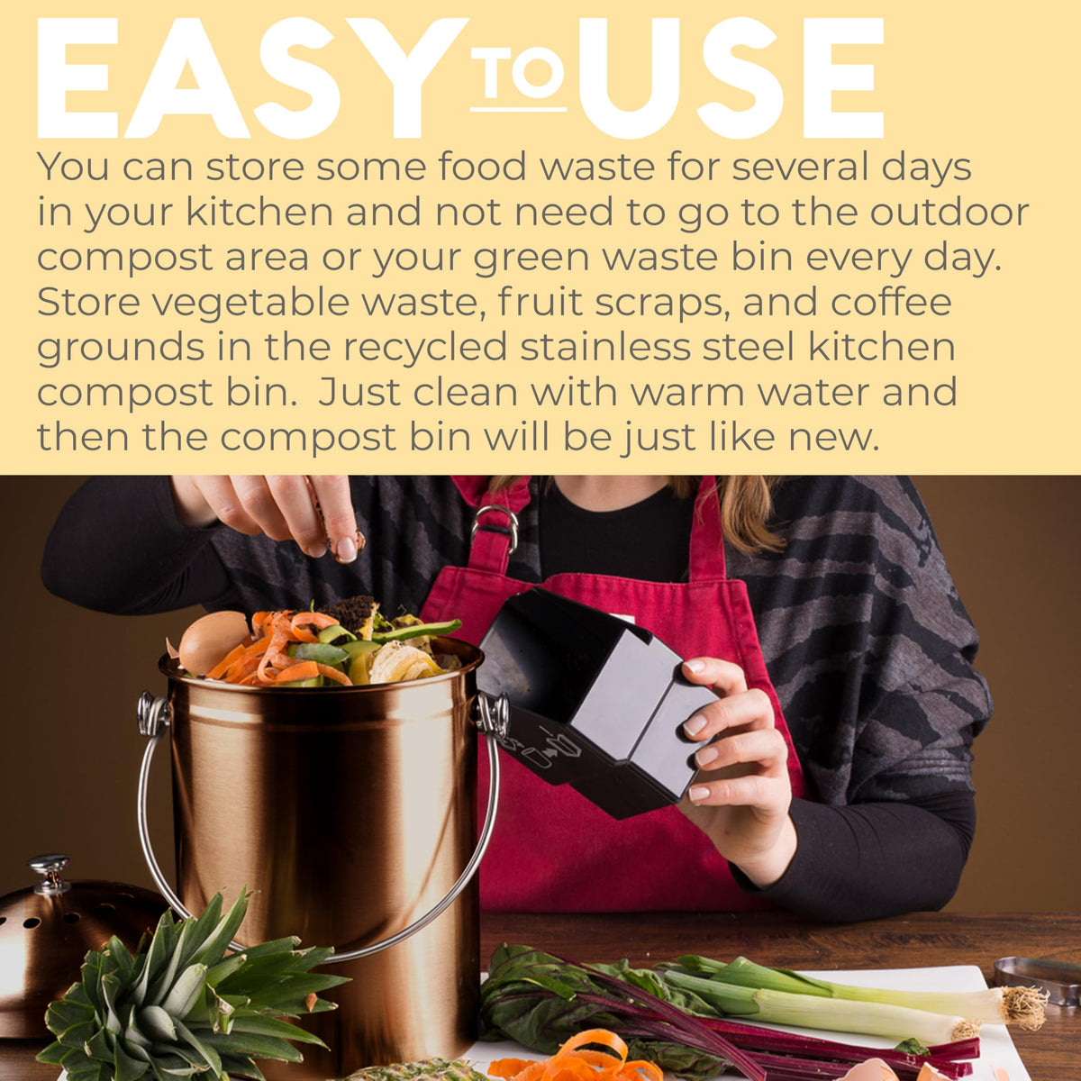 Epica countertop bin with odor-control lid for indoor composting.