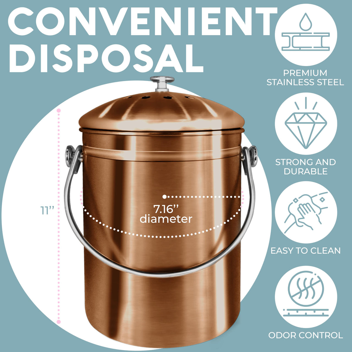 Epica compost bin rust-resistant one-piece design simplifies daily cleaning.