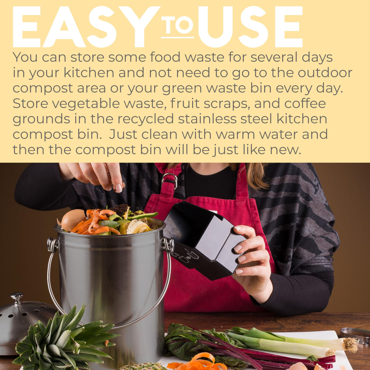 Epica on-counter display shows 1.3 gallon capacity for daily scraps.