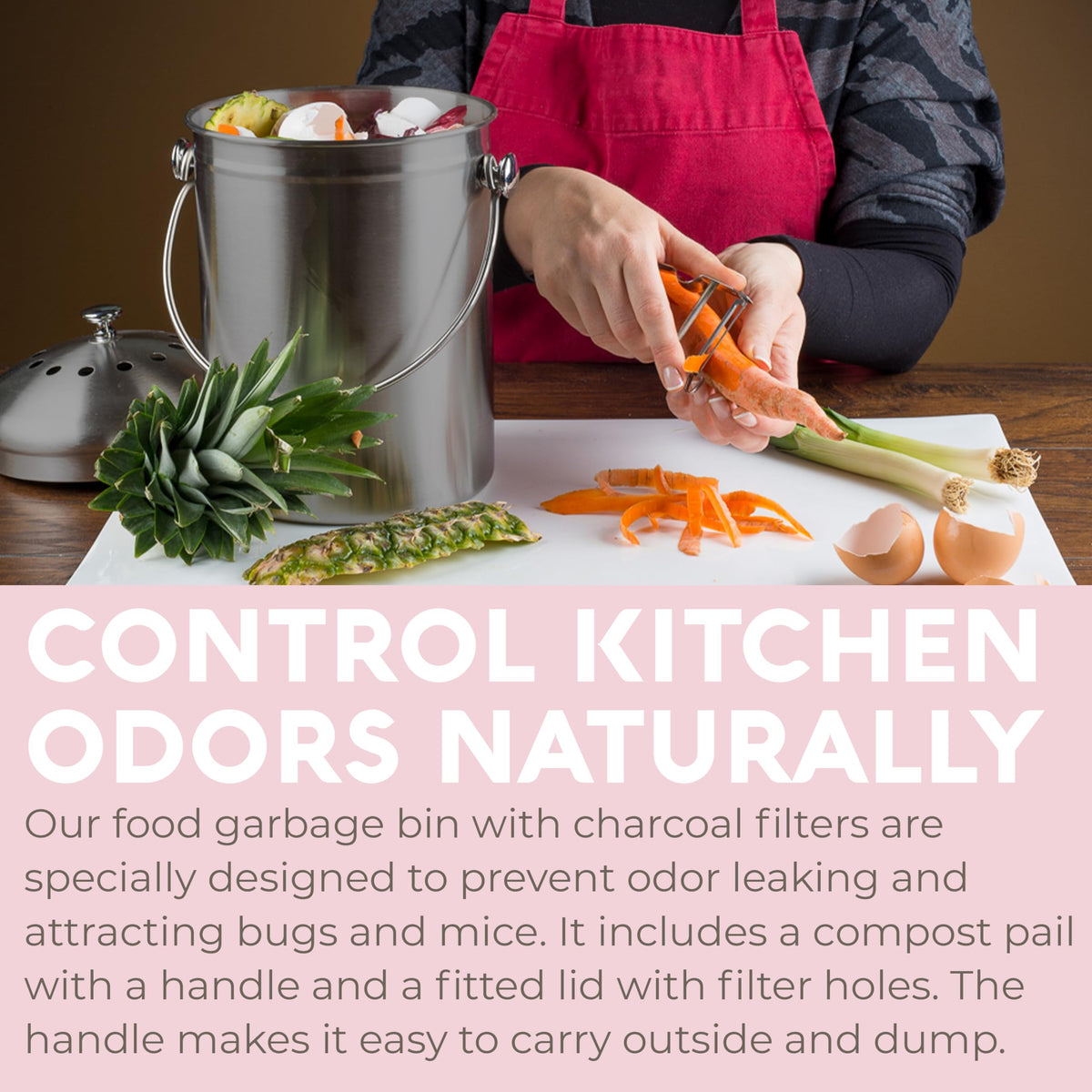Epica close-up shows replaceable charcoal filter for months of odor control.