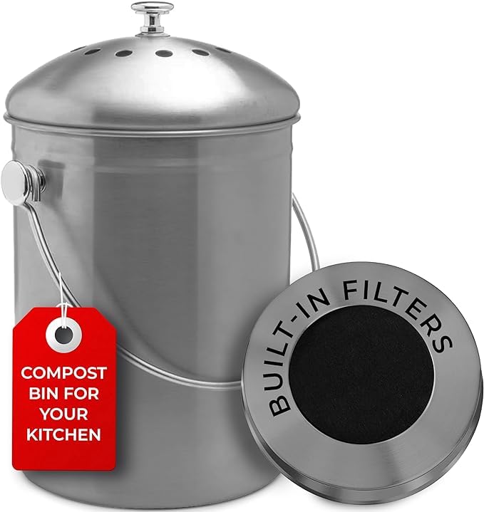 Epica countertop compost bin with lid on, showcasing compact kitchen design.