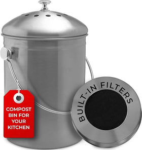Epica countertop compost bin with lid on, showcasing compact kitchen design.
