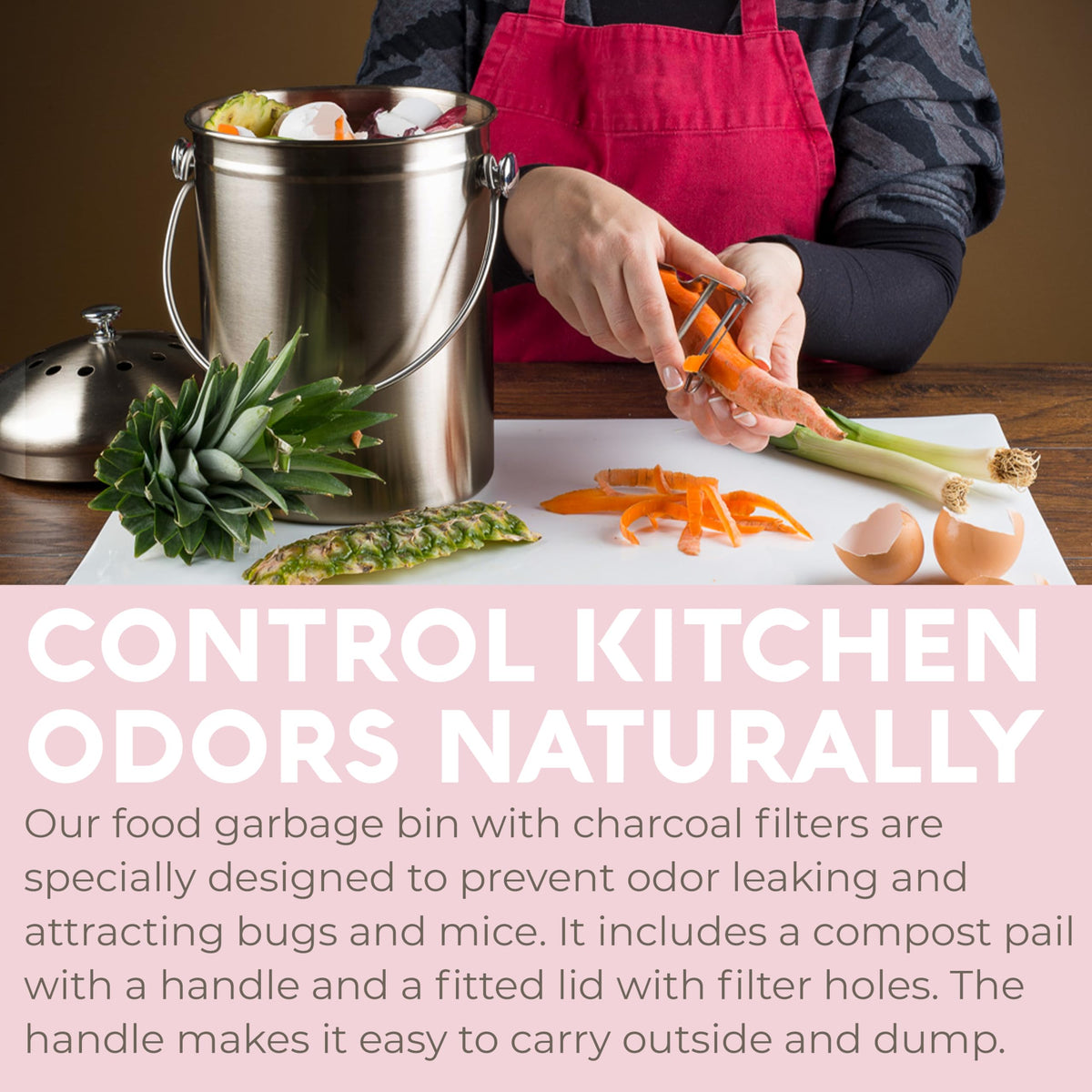 Epica stainless steel compost bin demonstrates durable, rust resistant surface