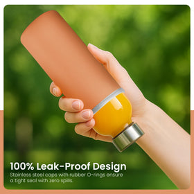 Epica fridge-ready juice bottle kept fresh with space-saving, stackable design.