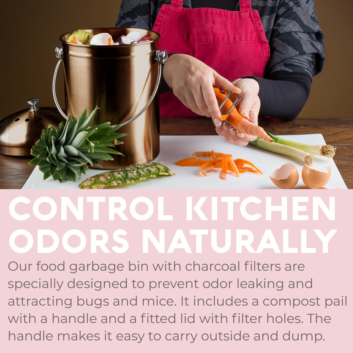 Epica stainless steel kitchen composter closeup highlighting durable build.