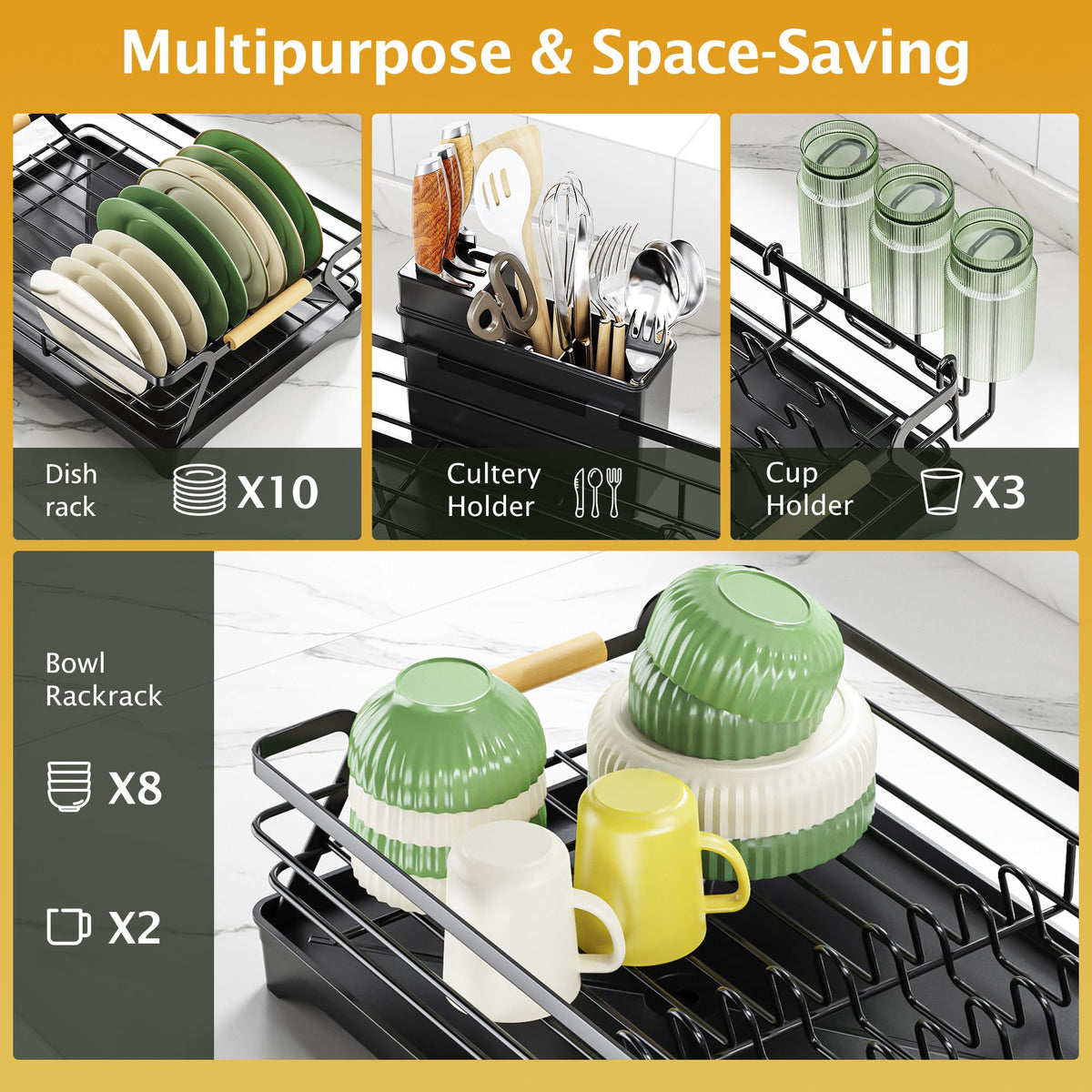 Epicano dish drying rack auto-drainage tray demonstrates efficient water drainage into the sink