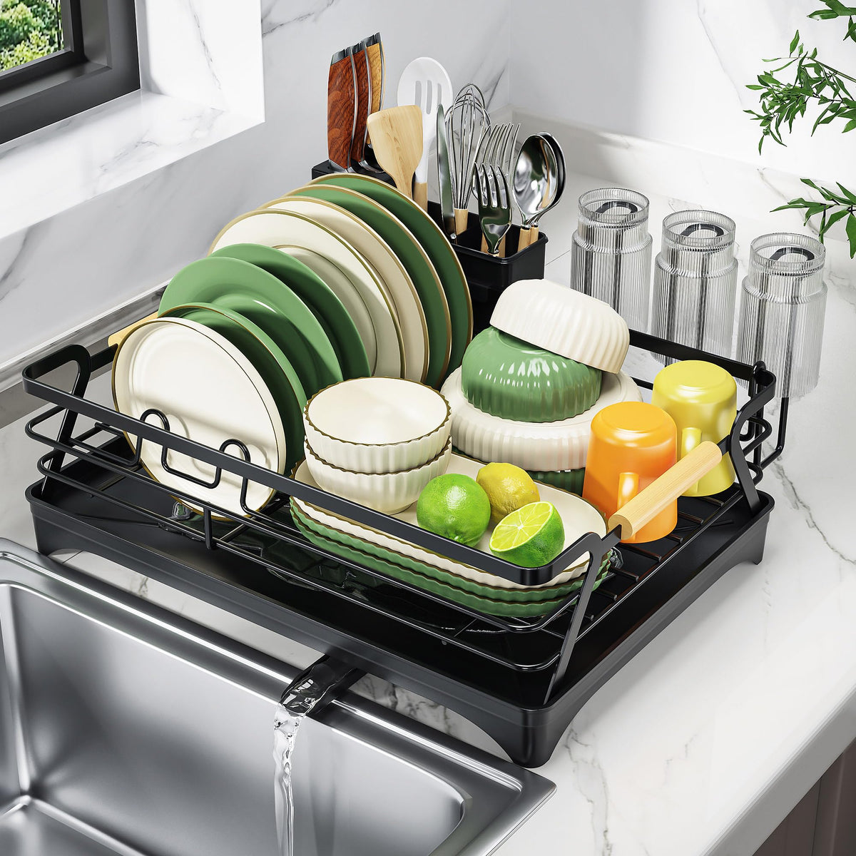 Epicano dish drying rack with wooden handle for easy repositioning after washing
