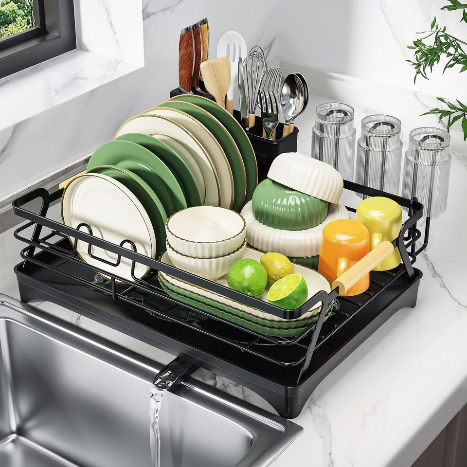 Epicano dish drying rack with wooden handle for easy repositioning after washing