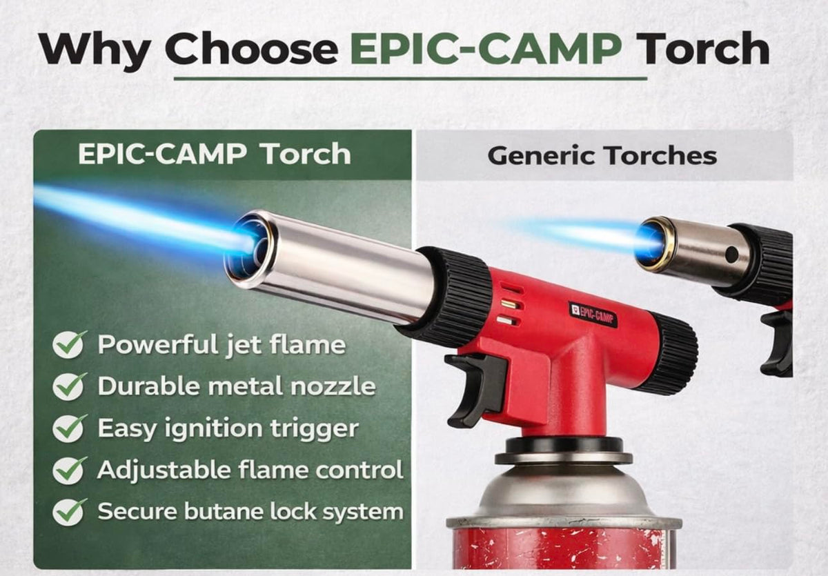 EpicCamp torch with adjustable dial enables precise flame control.