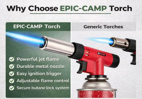 EpicCamp torch with adjustable dial enables precise flame control.