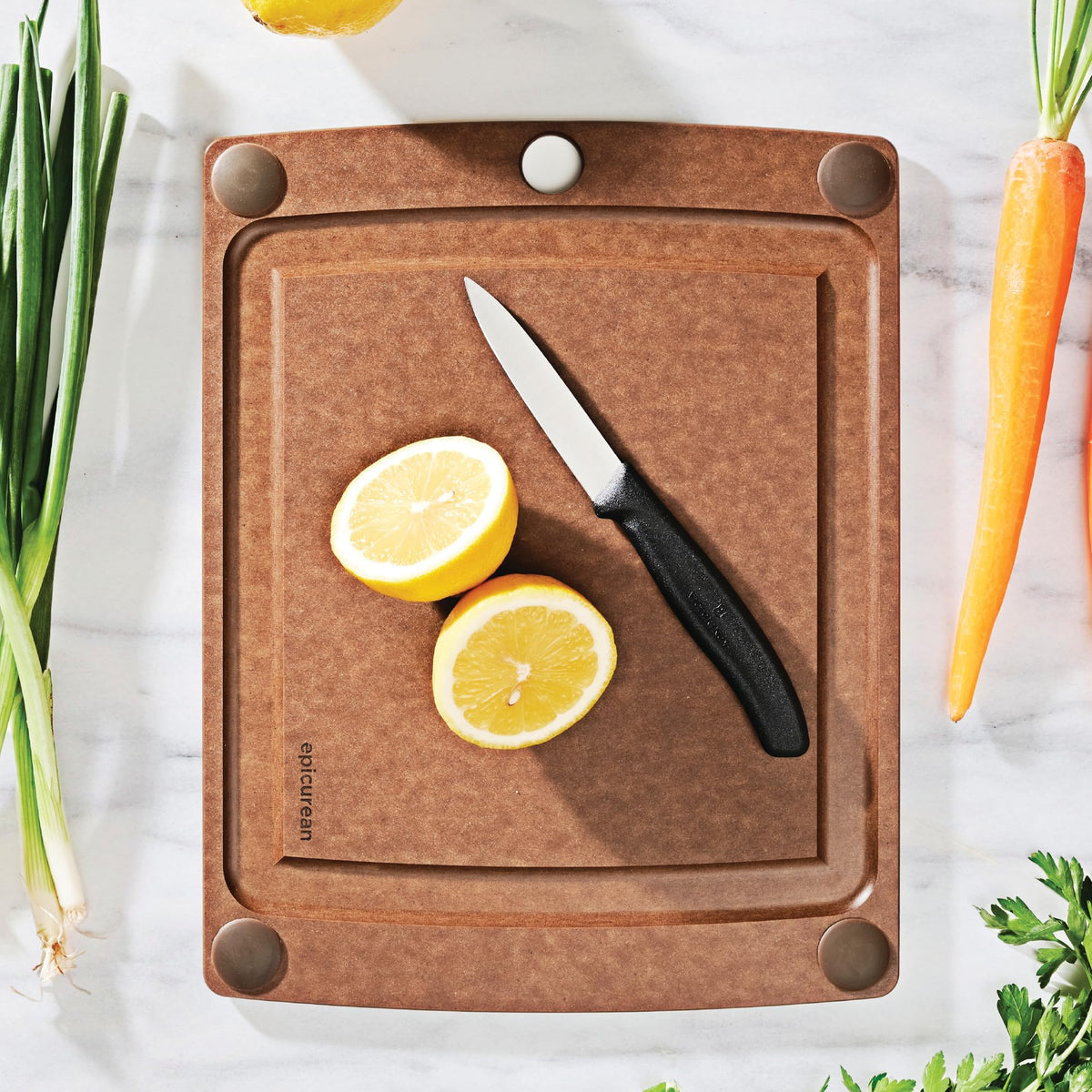Epicurean All-In-One Cutting Board dual-sided design provides extra prep space for versatile cooking tasks