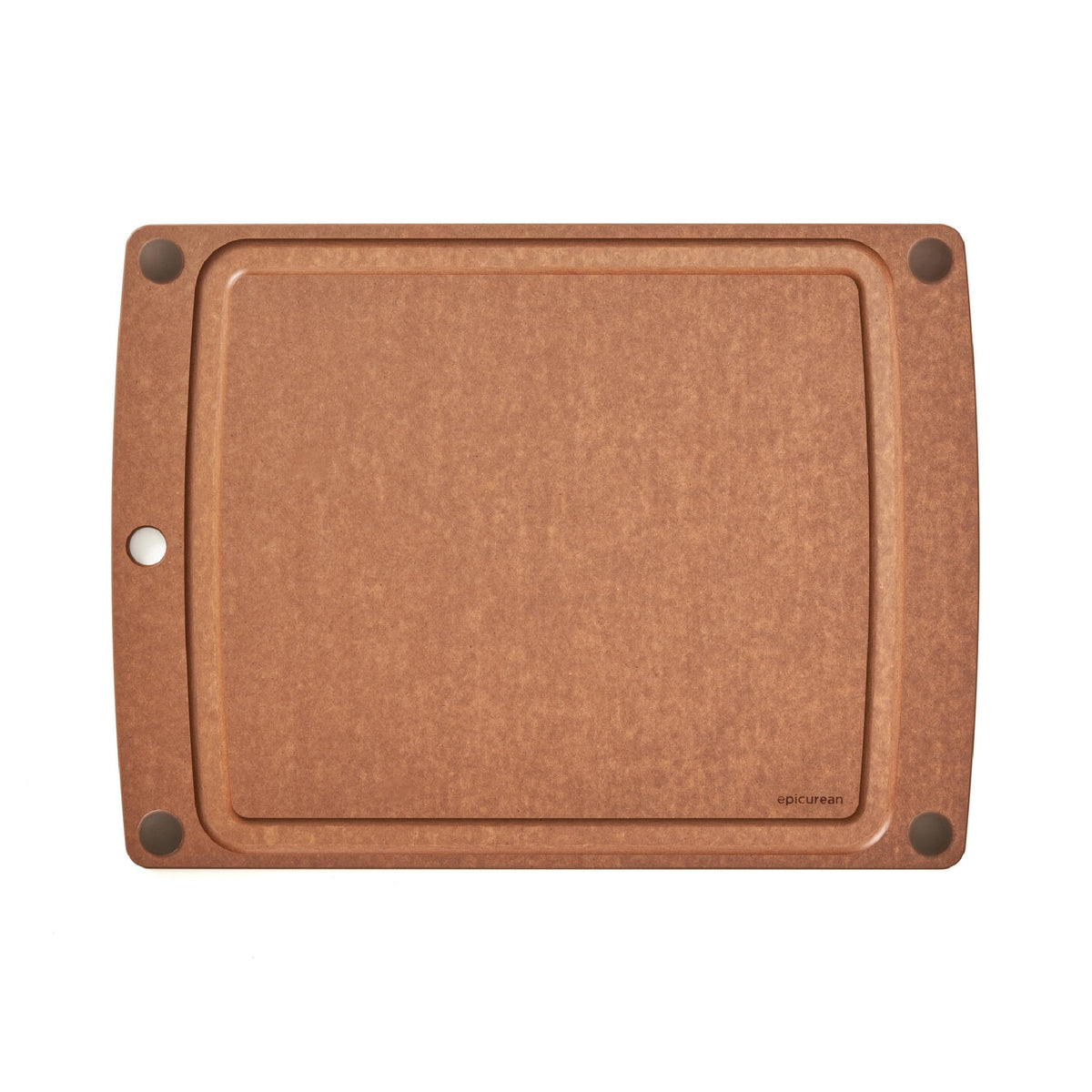 Epicurean All-In-One cutting board with juice groove catching liquids during prep.