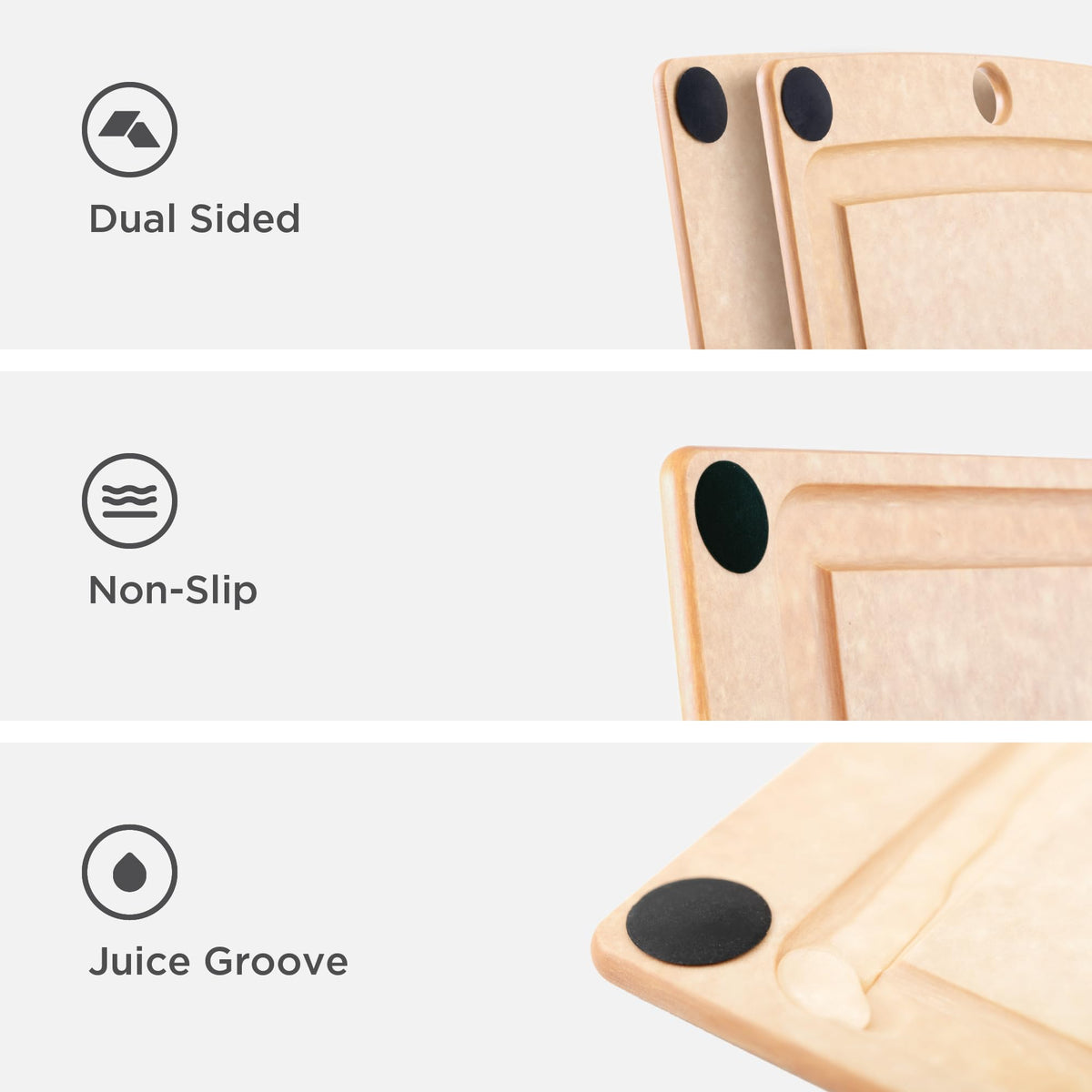 Epicurean all-in-one board with juice groove catching liquids during chopping