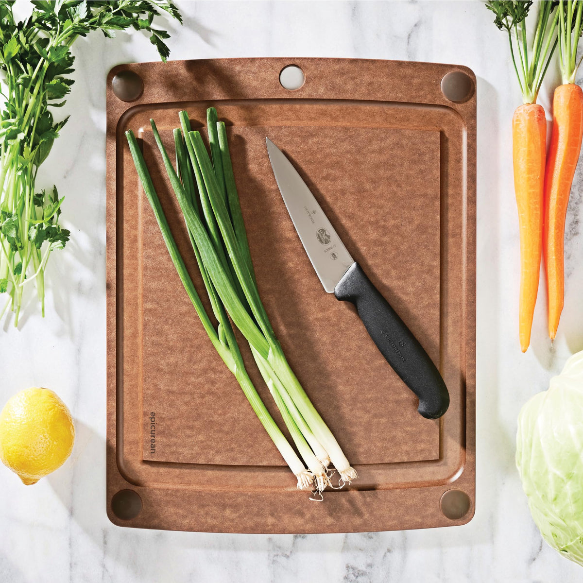 Epicurean All-In-One board with non-slip feet stays stable on countertops