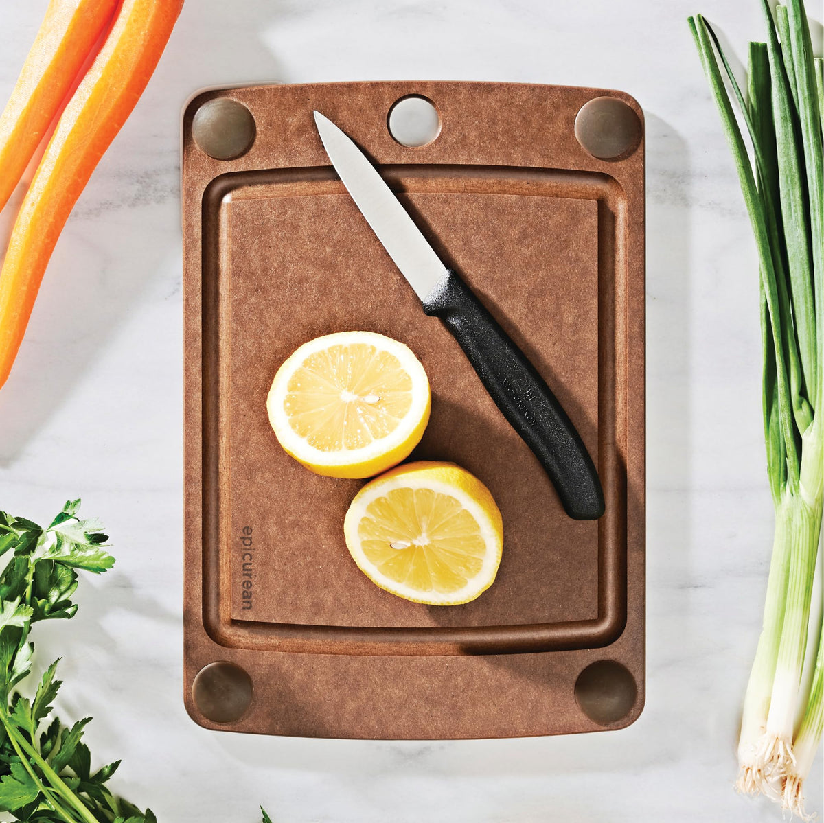 Epicurean All-In-One cutting board showing four non-slip feet for stability