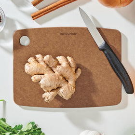 Epicurean cutting board side view highlighting thin profile for easy storage.