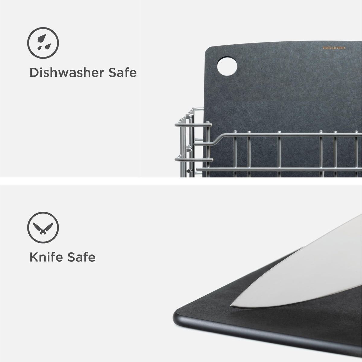 Epicurean board features built-in thumb hole for easy grabbing and storing.