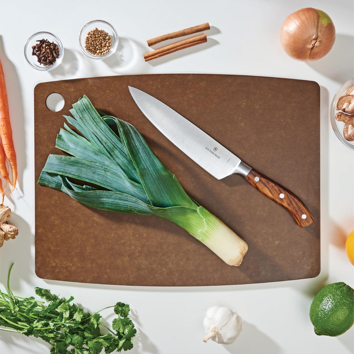 Richlite surface on Epicurean board offers knife-friendly, non-porous prep
