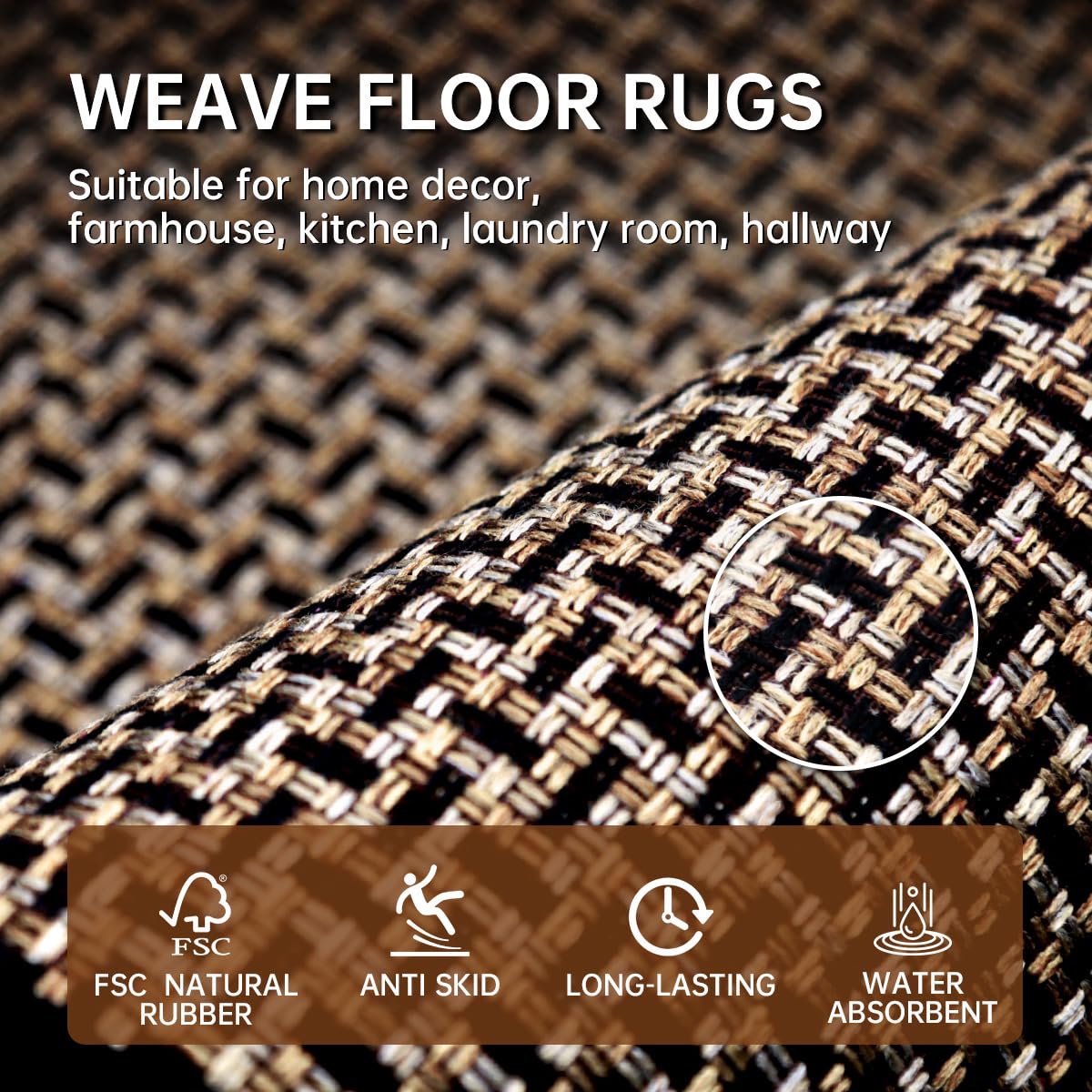 eqivei kitchen rug closeup shows non-slip backing for safe footing.