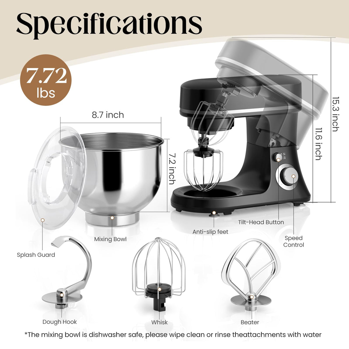 EQTLVFH 800W mixer non-slip feet stabilize operation on busy counters