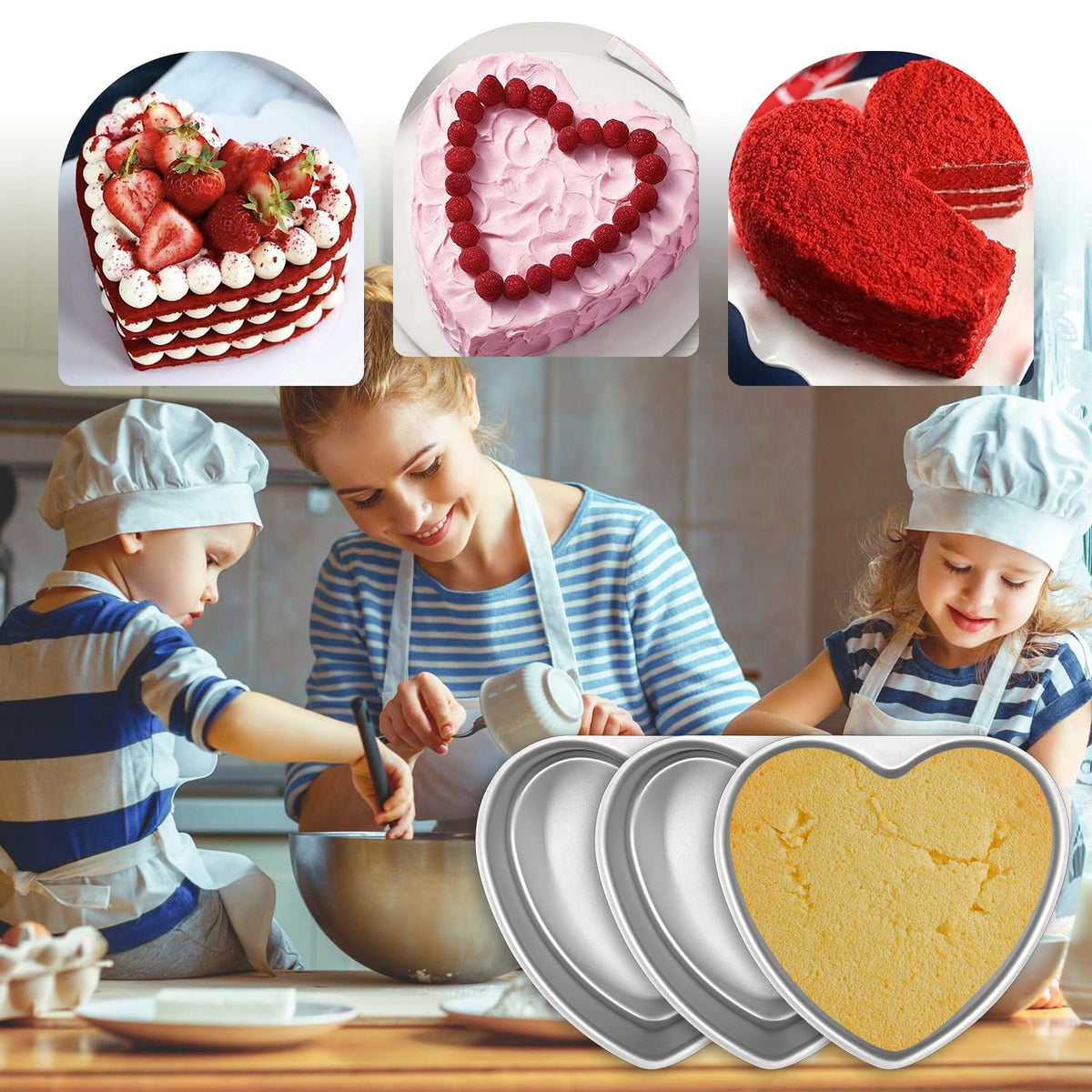 EQUNROY heart cake pan edge design aids secure grip during handling.