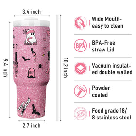 Equoza stainless steel travel mug with handle for easy carrying.