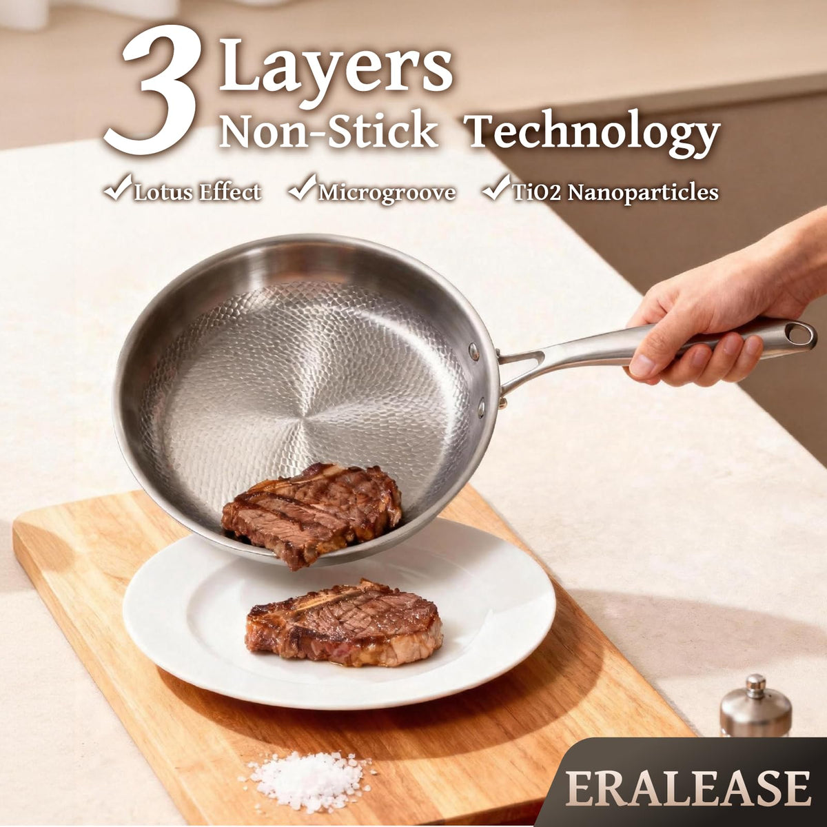 ERALEASE titanium pan nonstick surface uses natural release for easy cleanup.
