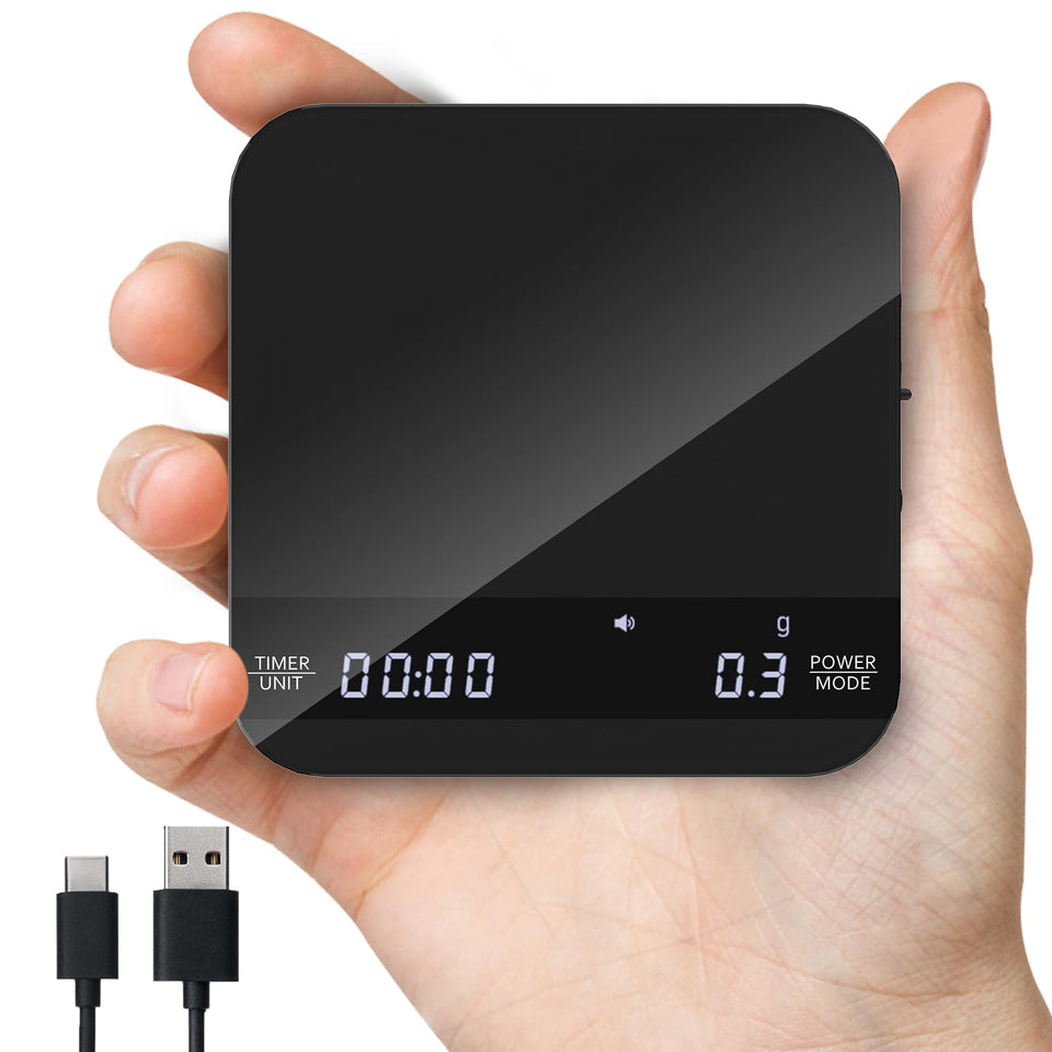 ERAVSOW coffee scale with timer shown under a home espresso machine for precise dosing.