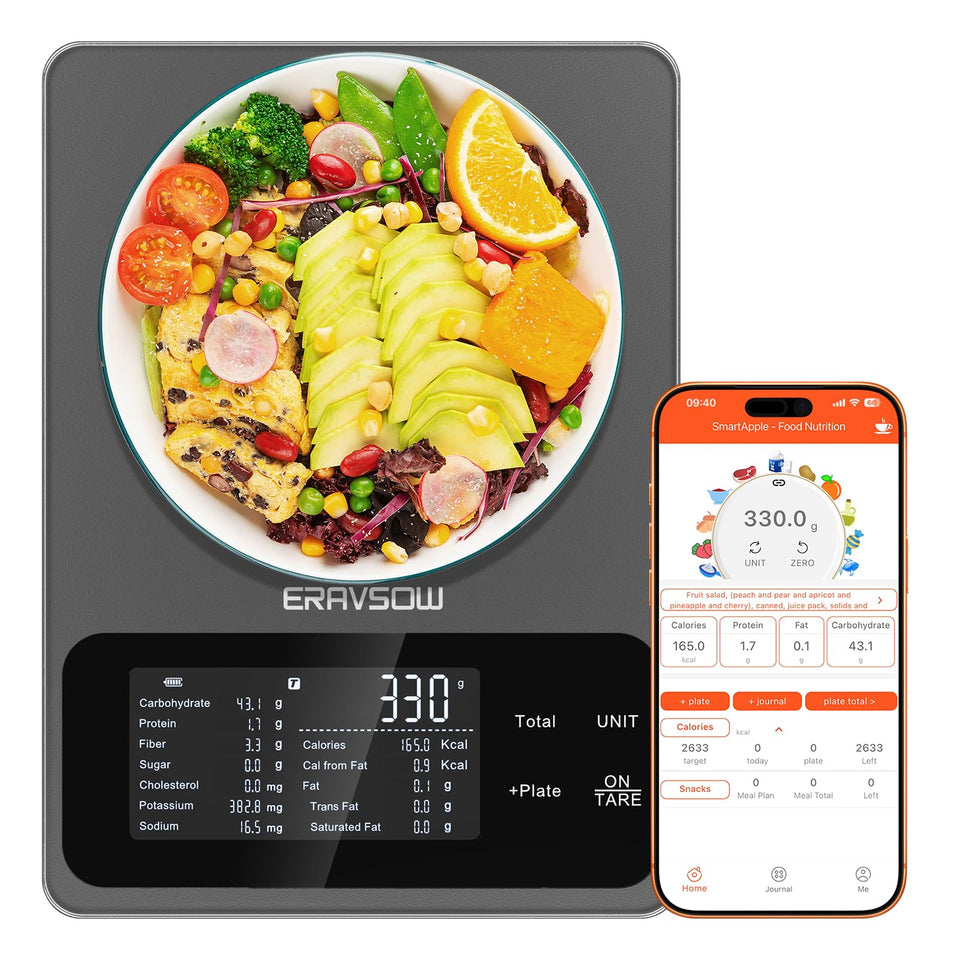 ERAVSOW Smart Scale displaying on-screen calories and nutrients for quick tracking.