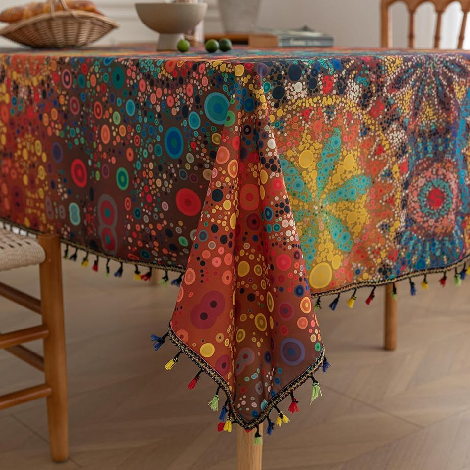 Erbnaryx boho tablecloth with fringed edges for square tables, enhancing dining ambiance