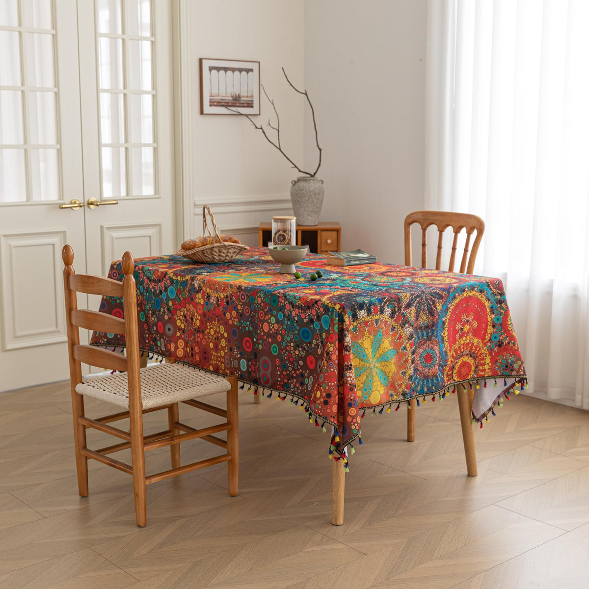 Erbnaryx boho tablecloth showing geometric pattern for modern farmhouse tables