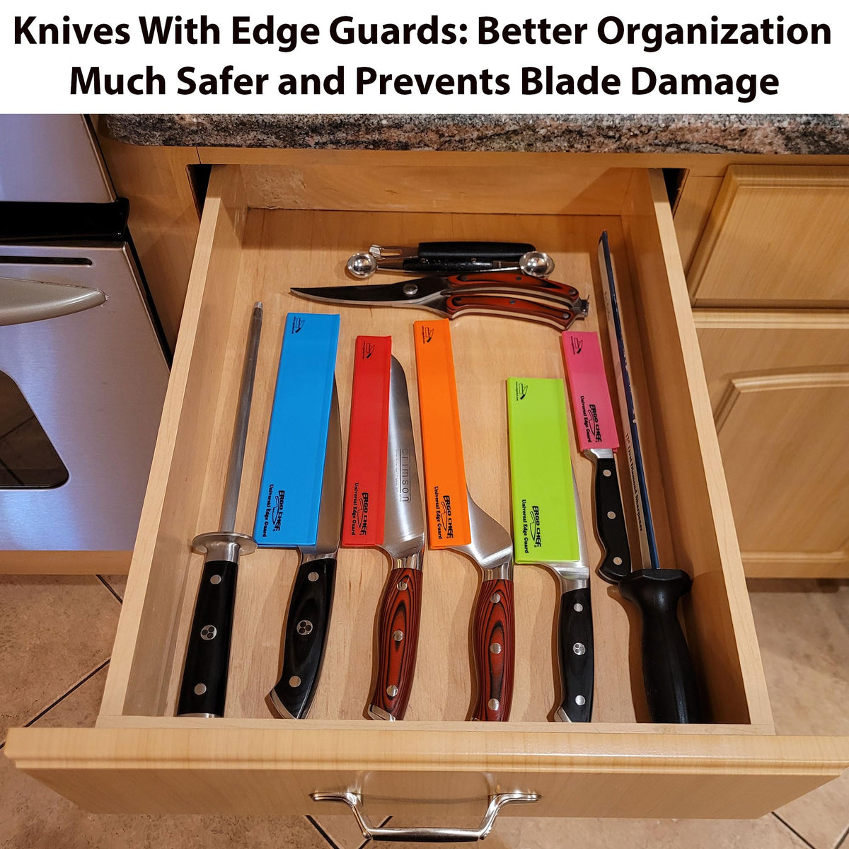 Ergo Chef edge guard for the 6-inch green santoku guards blade in storage and organization.