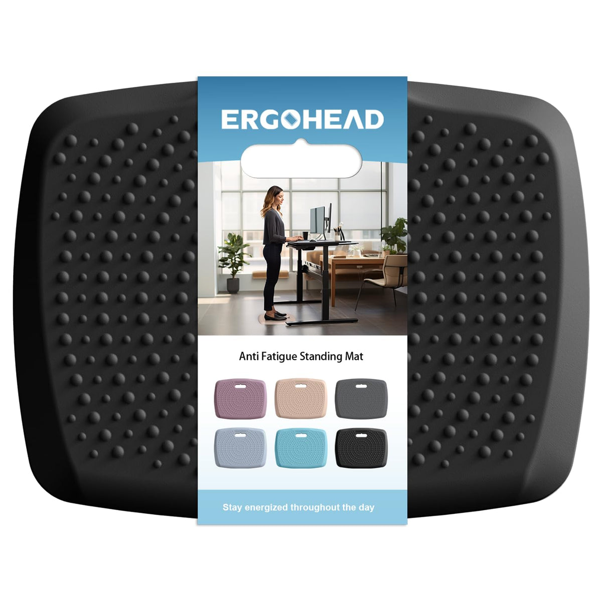 Ergohead anti-fatigue mat with massage points promotes comfortable standing tasks.