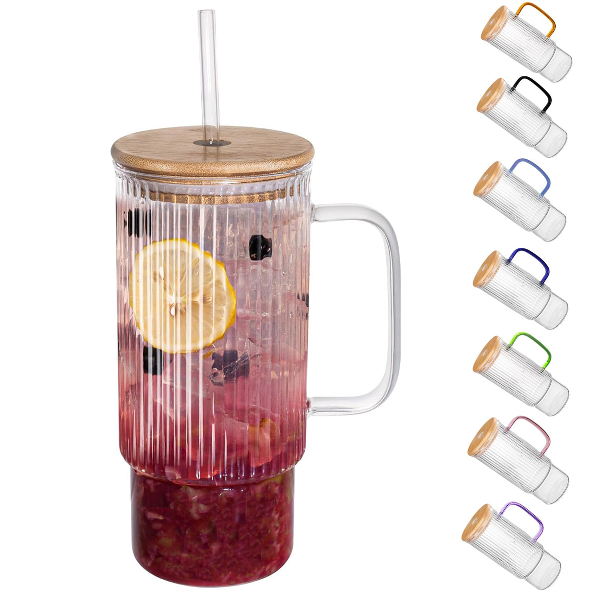 Erichbow 32oz ribbed glass cup with handle and bamboo lid for cold beverages.