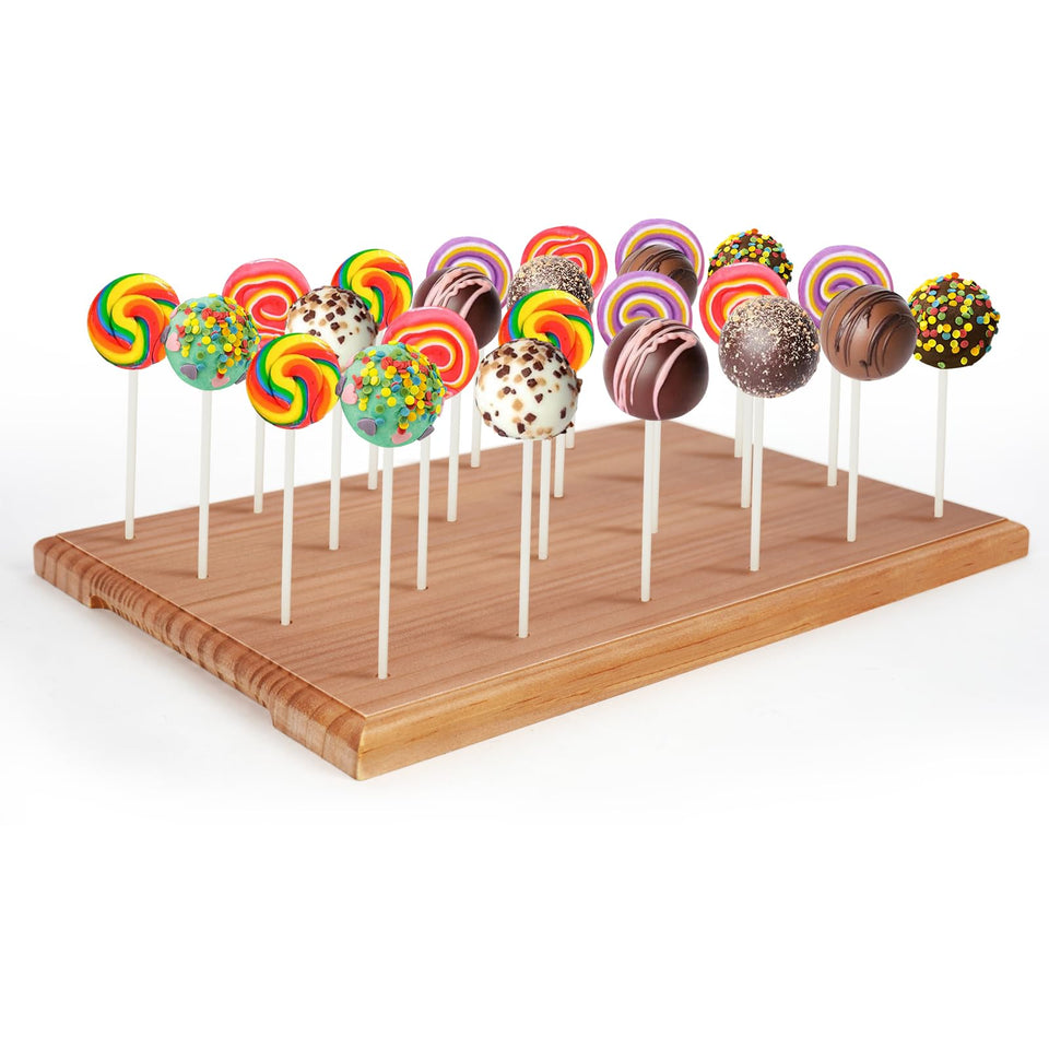 Erlsig walnut-finish wooden cake pop stand displaying 24 holes for organized treats