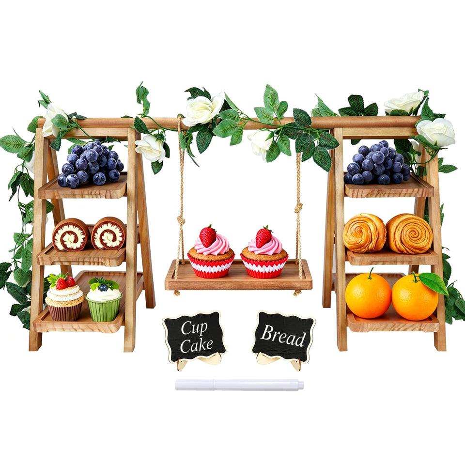 Erlsig wooden 3-tier cupcake stand with swing creates rustic wedding displays.