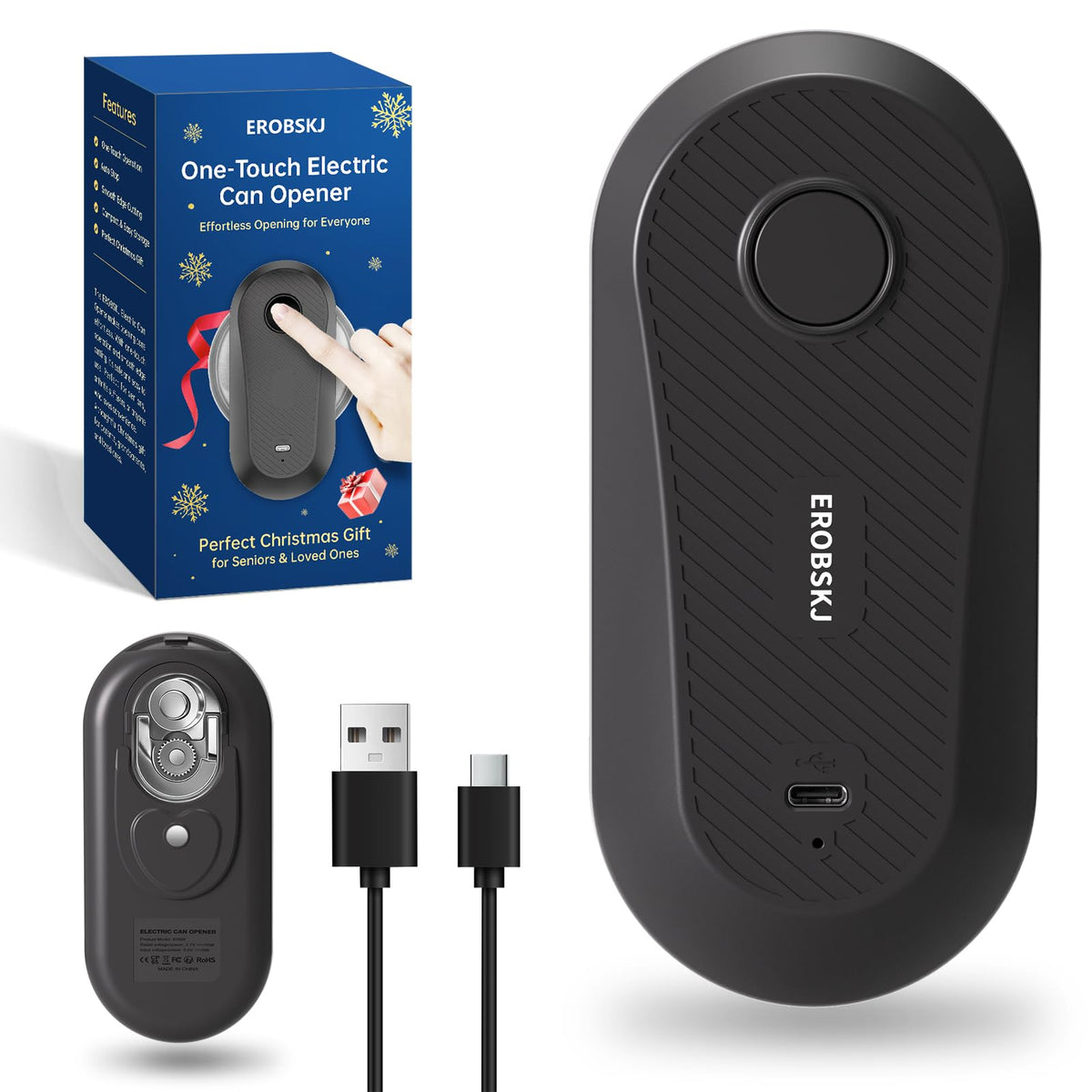 EROBSKJ electric can opener with one-touch operation for effortless, hands-free opening.