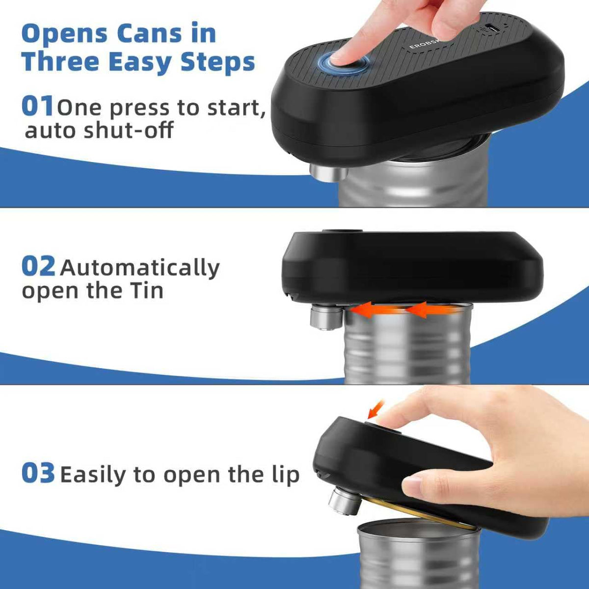 EROBSKJ can opener with a quiet, fast motor for smoother daily use.