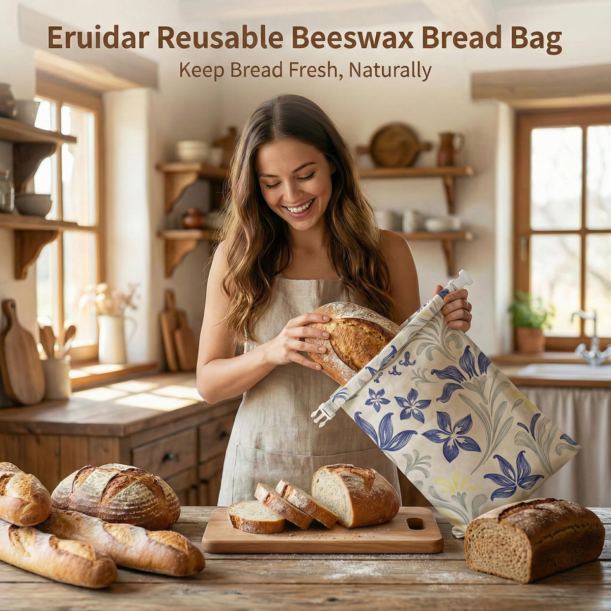 Eruidar beeswax bread bag XL 13x17 closed protecting a large loaf