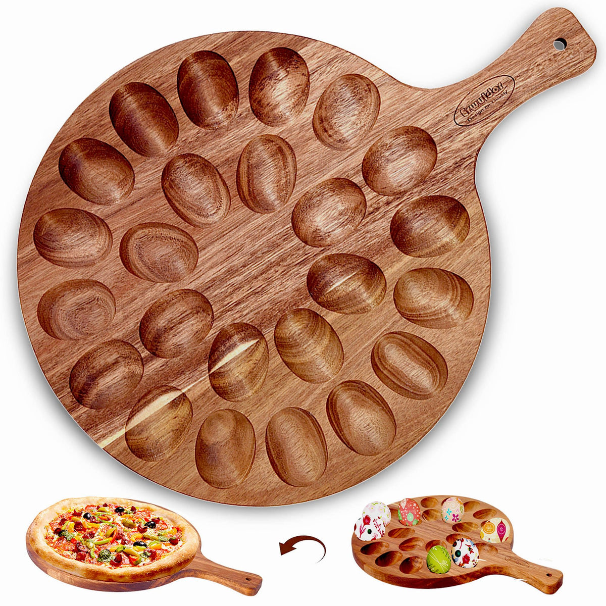 Erwuldor Acacia Wood Deviled Egg Platter with 24 holes showing natural grain and organized display.