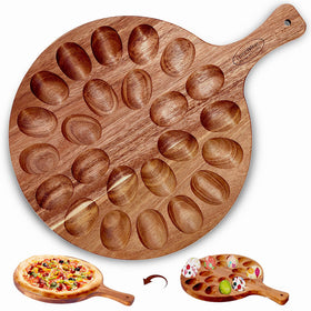 Erwuldor Acacia Wood Deviled Egg Platter with 24 holes showing natural grain and organized display.