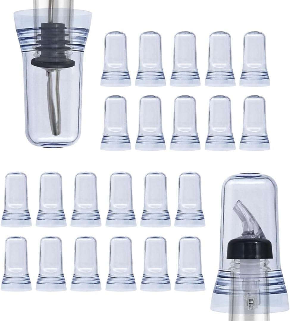 Esatto 24-piece pour spout covers on translucent caps protect liquor bottles.