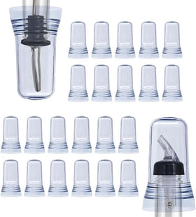 Esatto 24-piece pour spout covers on translucent caps protect liquor bottles.
