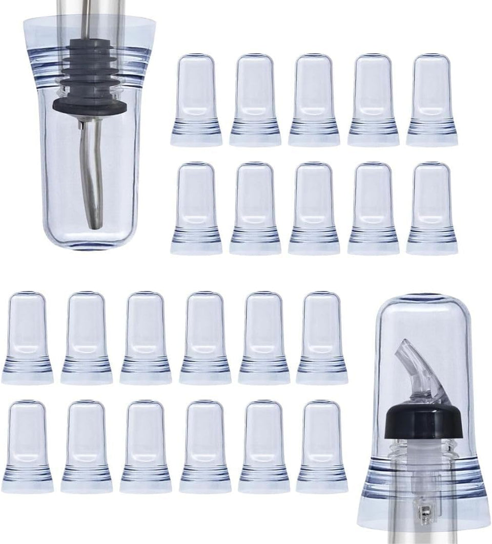 Esatto 24-piece pour spout covers on translucent caps protect liquor bottles.