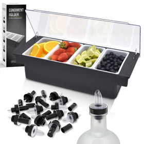 Esatto bar condiment holder with garnish tray on busy counter for ready garnishes.